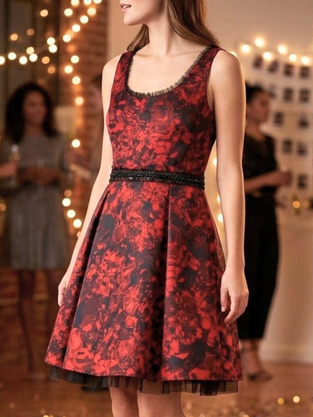 Floral Fit Flare Dress Princess Vera Wang Black Red Jr 7 NWOT